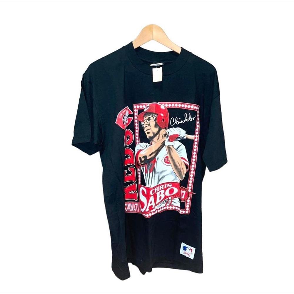 Vintage 90s Nutmeg Cincinnati Reds MLB player stats t shirt Chris Sabo NWT